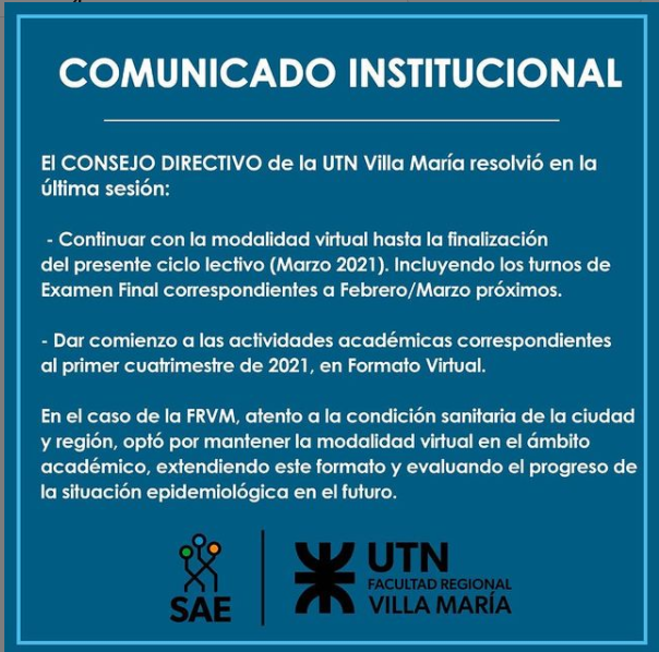 Modalidad virtual para el primer cuatrimestre en la UTN Villa María