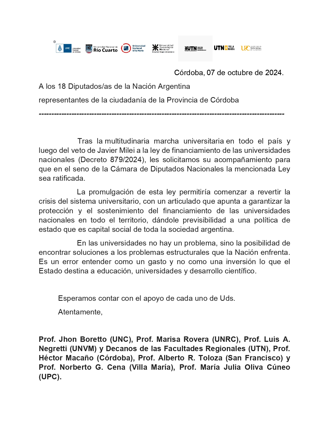 Pedimos por la ratificación  de la ley de financiamiento universitario.