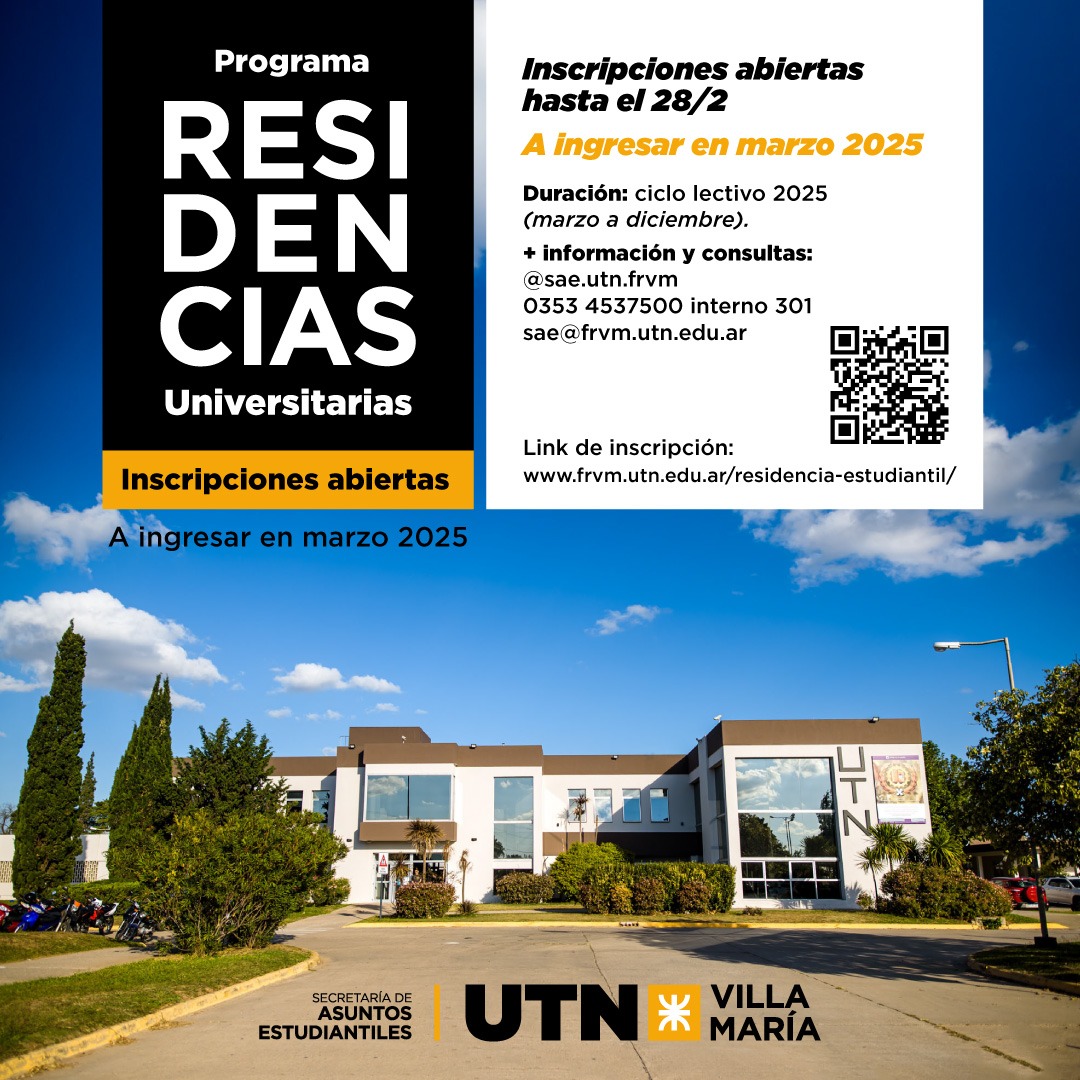 Durante todo febrero se recibirán inscripciones para sumarse a las residencias universitarias de la UTN Villa María